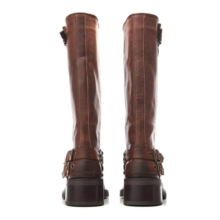 Women Moda In Pelle Knee High Boots Bsoleful BBiker Tan Leather