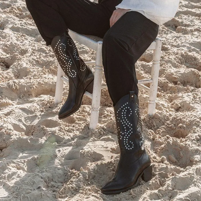 Women Moda In Pelle Knee High Boots Serres Black Leather