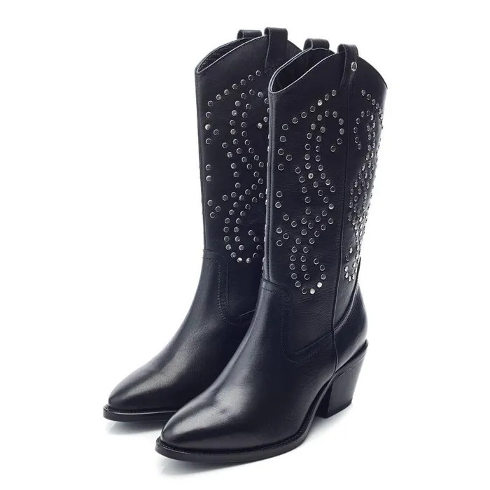 Women Moda In Pelle Knee High Boots Serres Black Leather