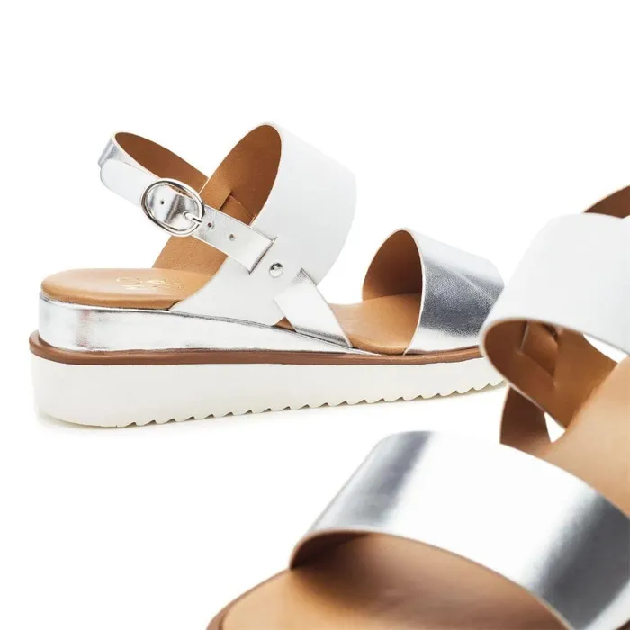 Women Moda In Pelle Wedge Sandals Navasay White 8211 Silver Leather