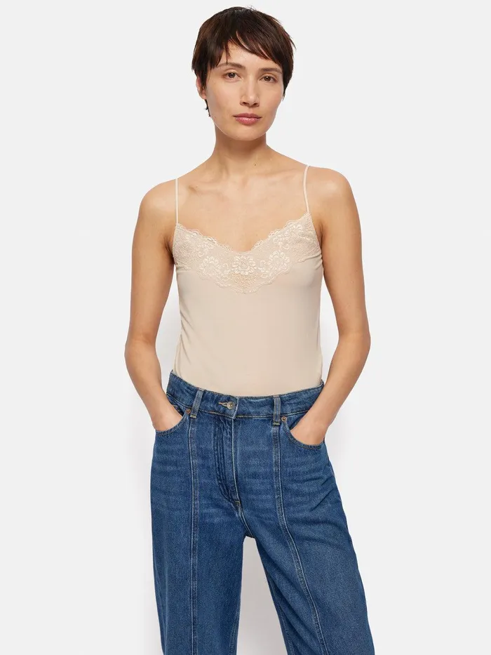 Women Modal Lace Vest Pale Sand Jigsaw Shirts and Tops