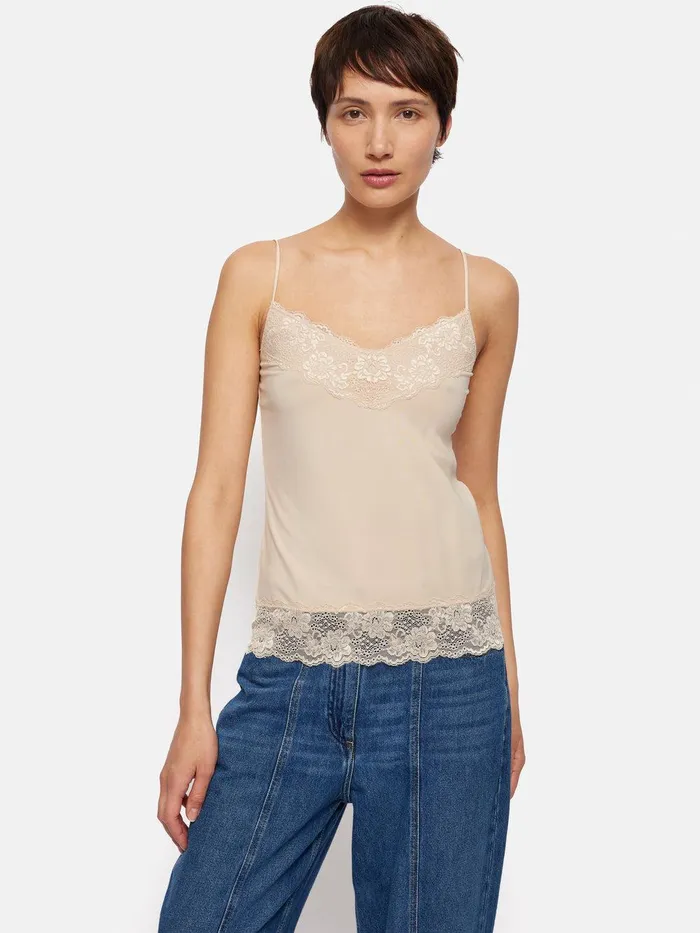 Women Modal Lace Vest Pale Sand Jigsaw Shirts and Tops
