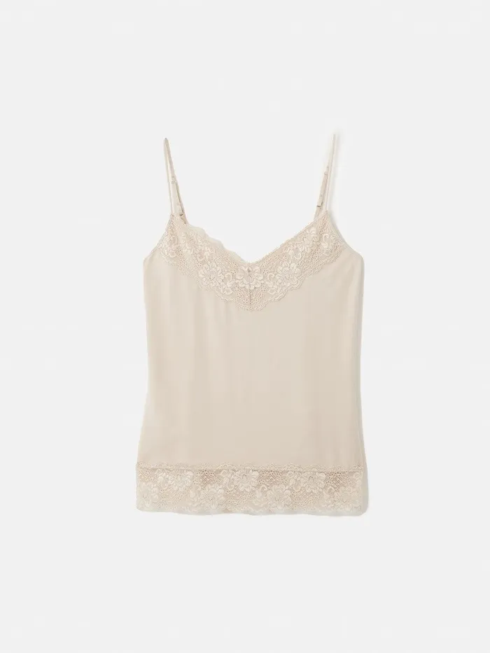 Women Modal Lace Vest Pale Sand Jigsaw Shirts and Tops