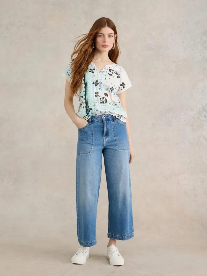 Women NELLY NOTCH NECK COTTON TEE White Print White Stuff Tops and Tees