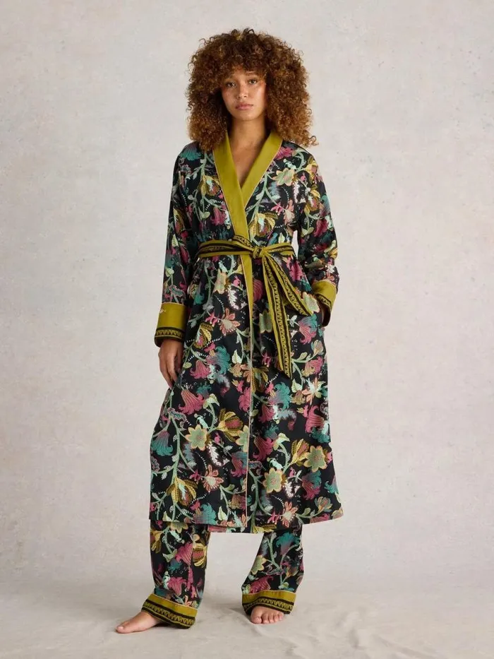 Women Nina Organic Dressing Gown Black Print White Stuff Nightwear