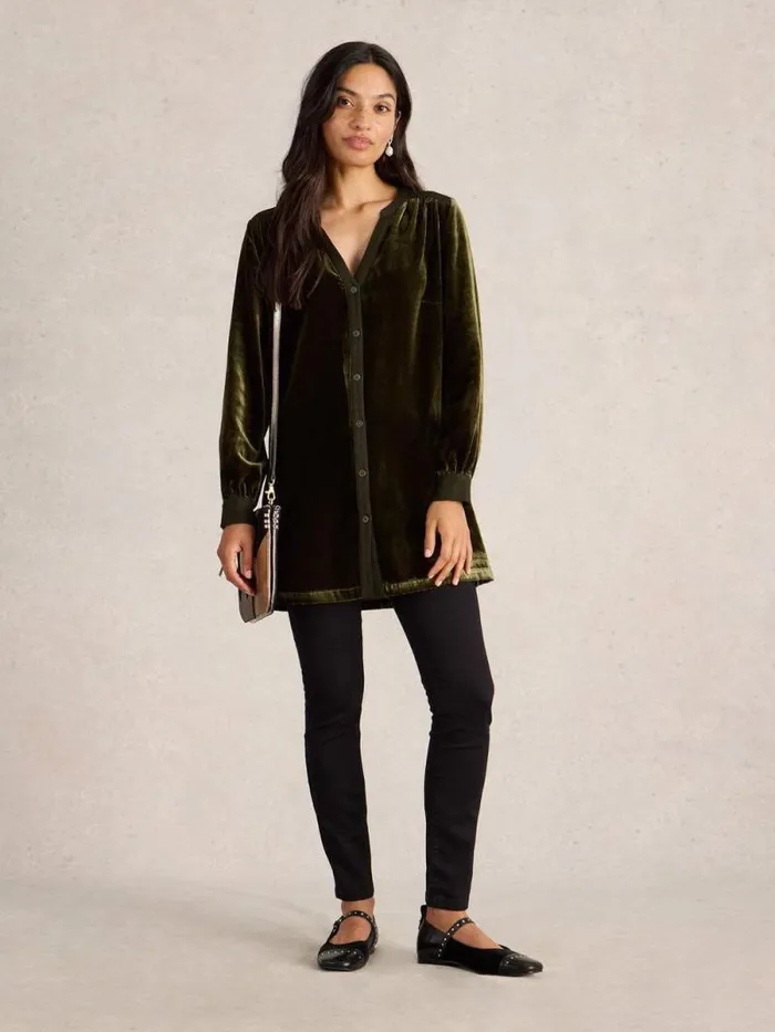 Women Olive Velvet Tunic Khaki Green White Stuff Shirts and Blouses