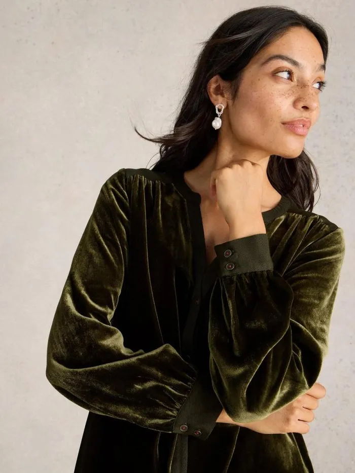 Women Olive Velvet Tunic Khaki Green White Stuff Shirts and Blouses