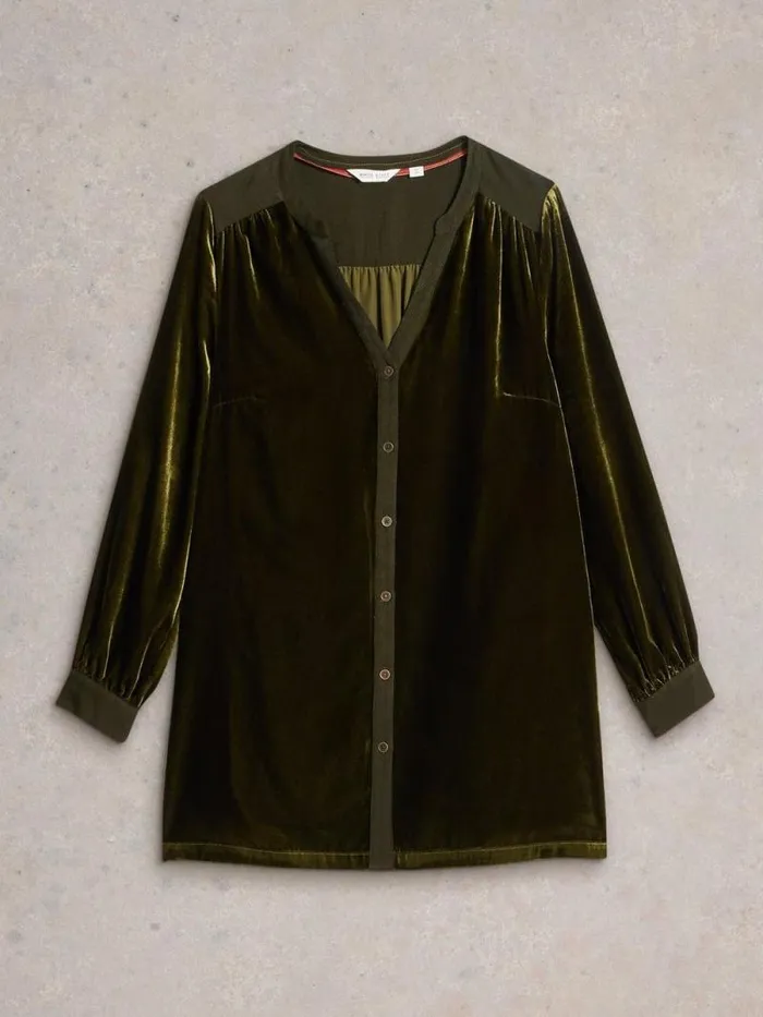 Women Olive Velvet Tunic Khaki Green White Stuff Shirts and Blouses