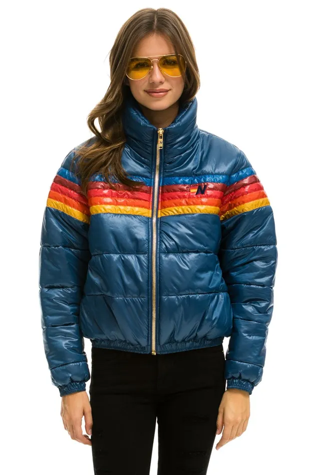 Women Outerwear Aviator Nation 5 STRIPE LUXE APRES PUFFER JACKET 8211 GLOSSY DARK BLUE