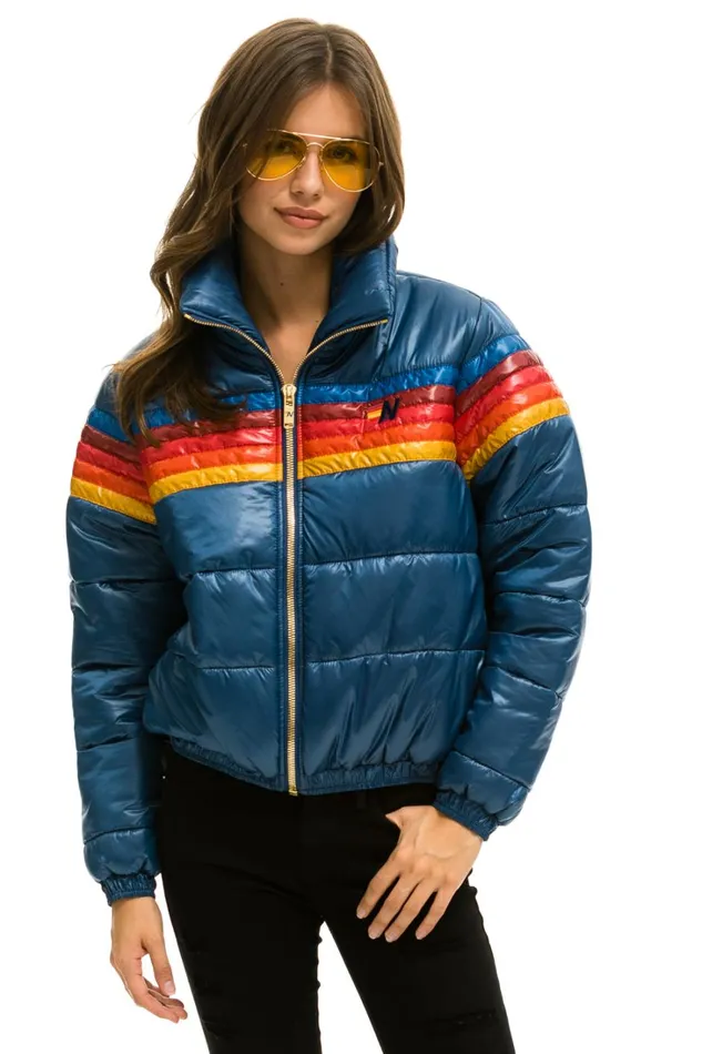 Women Outerwear Aviator Nation 5 STRIPE LUXE APRES PUFFER JACKET 8211 GLOSSY DARK BLUE