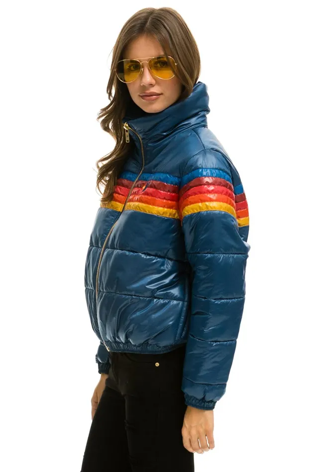 Women Outerwear Aviator Nation 5 STRIPE LUXE APRES PUFFER JACKET 8211 GLOSSY DARK BLUE