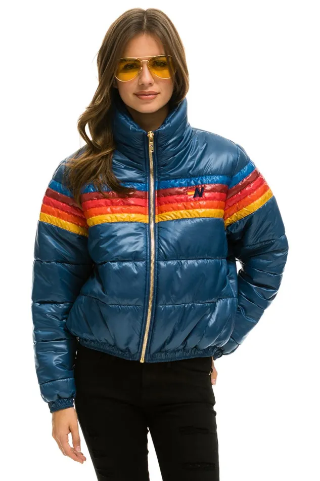 Women Outerwear Aviator Nation 5 STRIPE LUXE APRES PUFFER JACKET 8211 GLOSSY DARK BLUE
