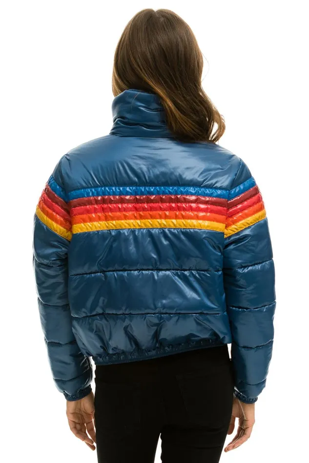 Women Outerwear Aviator Nation 5 STRIPE LUXE APRES PUFFER JACKET 8211 GLOSSY DARK BLUE