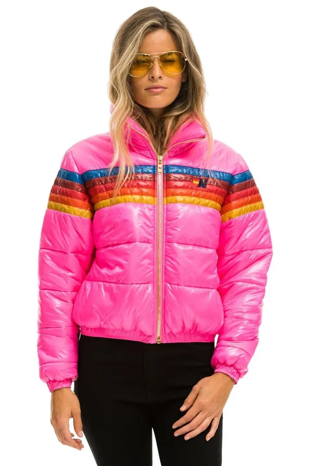 Women Outerwear Aviator Nation 5 STRIPE LUXE APRES PUFFER JACKET 8211 GLOSSY NEON PINK