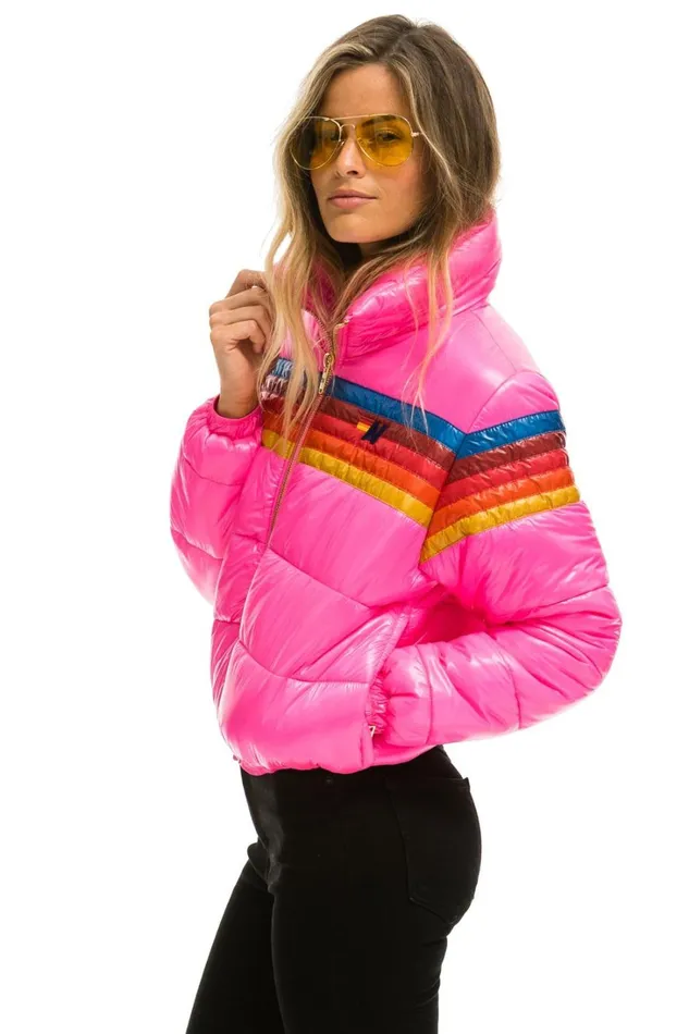 Women Outerwear Aviator Nation 5 STRIPE LUXE APRES PUFFER JACKET 8211 GLOSSY NEON PINK