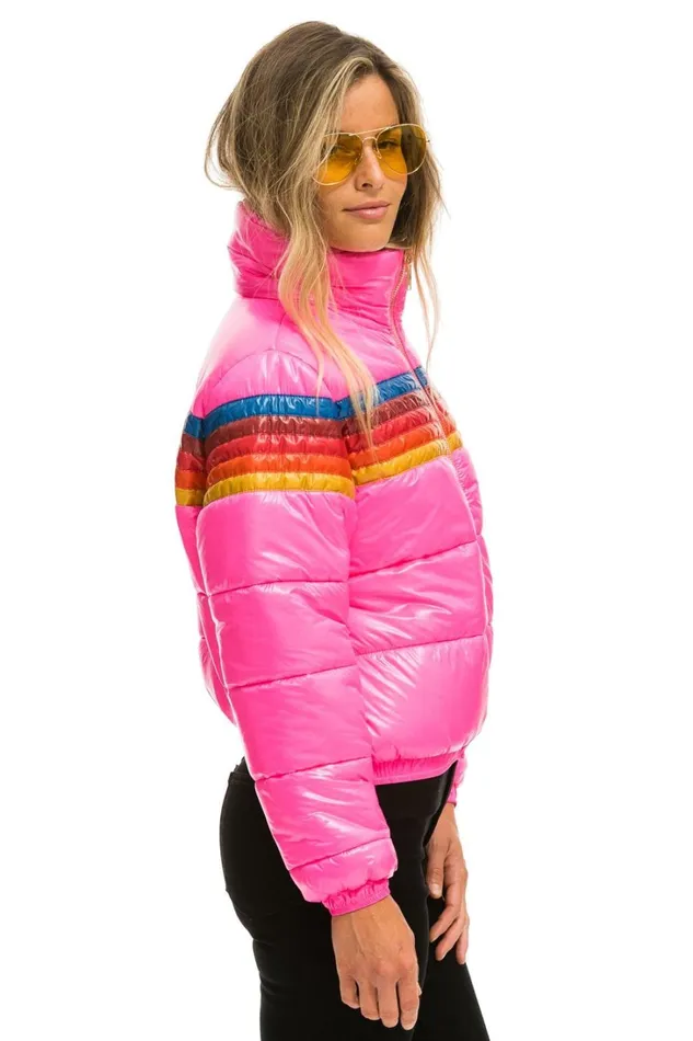 Women Outerwear Aviator Nation 5 STRIPE LUXE APRES PUFFER JACKET 8211 GLOSSY NEON PINK