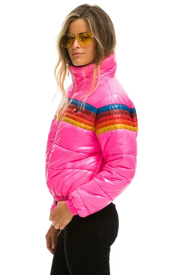 Women Outerwear Aviator Nation 5 STRIPE LUXE APRES PUFFER JACKET 8211 GLOSSY NEON PINK
