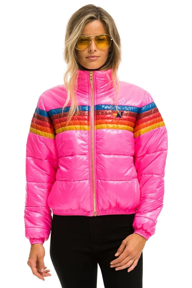 Women Outerwear Aviator Nation 5 STRIPE LUXE APRES PUFFER JACKET 8211 GLOSSY NEON PINK