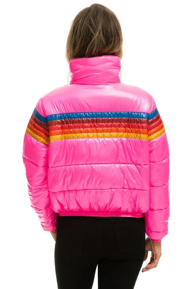 Women Outerwear Aviator Nation 5 STRIPE LUXE APRES PUFFER JACKET 8211 GLOSSY NEON PINK