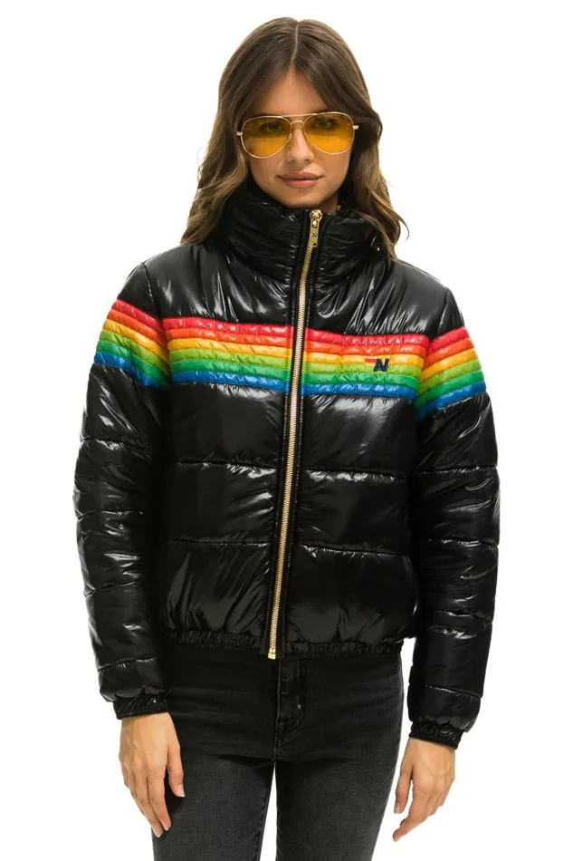 Women Outerwear Aviator Nation 6 STRIPE LUXE APRES PUFFER JACKET 8211 GLOSSY BLACK