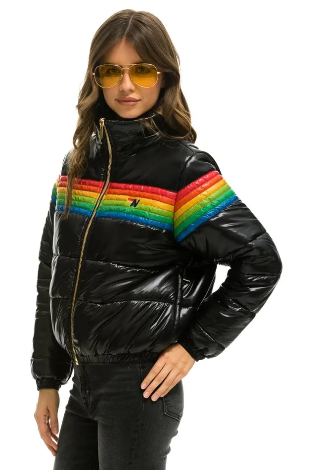 Women Outerwear Aviator Nation 6 STRIPE LUXE APRES PUFFER JACKET 8211 GLOSSY BLACK Women Outerwear Aviator Nation 6 STRIPE LUXE APRES PUFFER JACKET 8211 GLOSSY BLACK