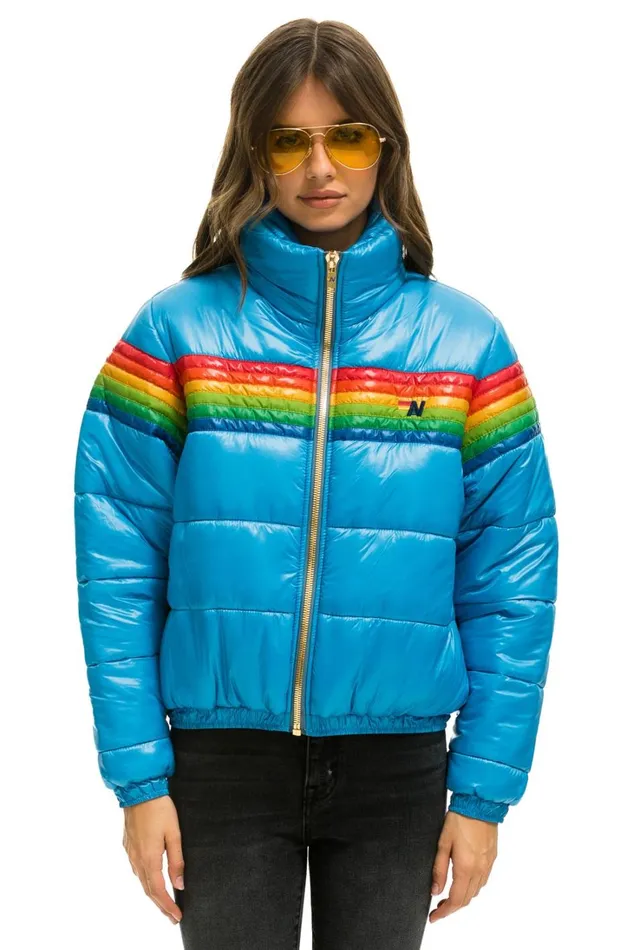 Women Outerwear Aviator Nation 6 STRIPE LUXE APRES PUFFER JACKET 8211 GLOSSY OCEAN