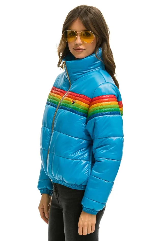 Women Outerwear Aviator Nation 6 STRIPE LUXE APRES PUFFER JACKET 8211 GLOSSY OCEAN