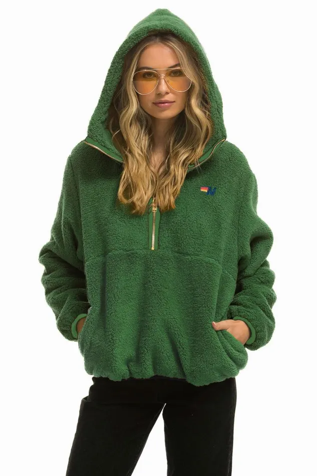 Women Outerwear Aviator Nation TEDDY UNISEX HOODED HALF ZIP JACKET 8211 GARDEN GREEN