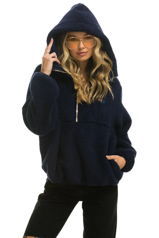 Women Outerwear Aviator Nation TEDDY UNISEX HOODED HALF ZIP JACKET 8211 NAVY