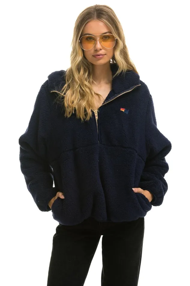 Women Outerwear Aviator Nation TEDDY UNISEX HOODED HALF ZIP JACKET 8211 NAVY
