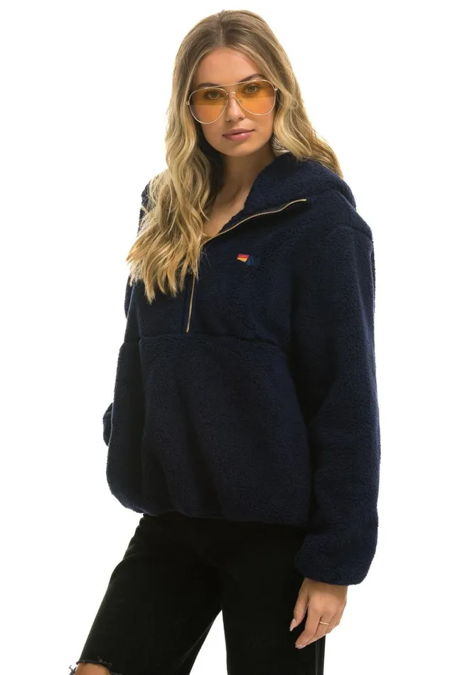 Women Outerwear Aviator Nation TEDDY UNISEX HOODED HALF ZIP JACKET 8211 NAVY
