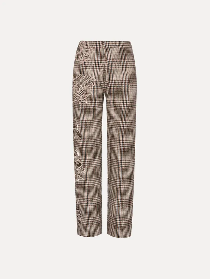 Women Pants and Skirts Oscar De La Renta Peony Guipure Appliqu Plaid Pant Cocoa Multi