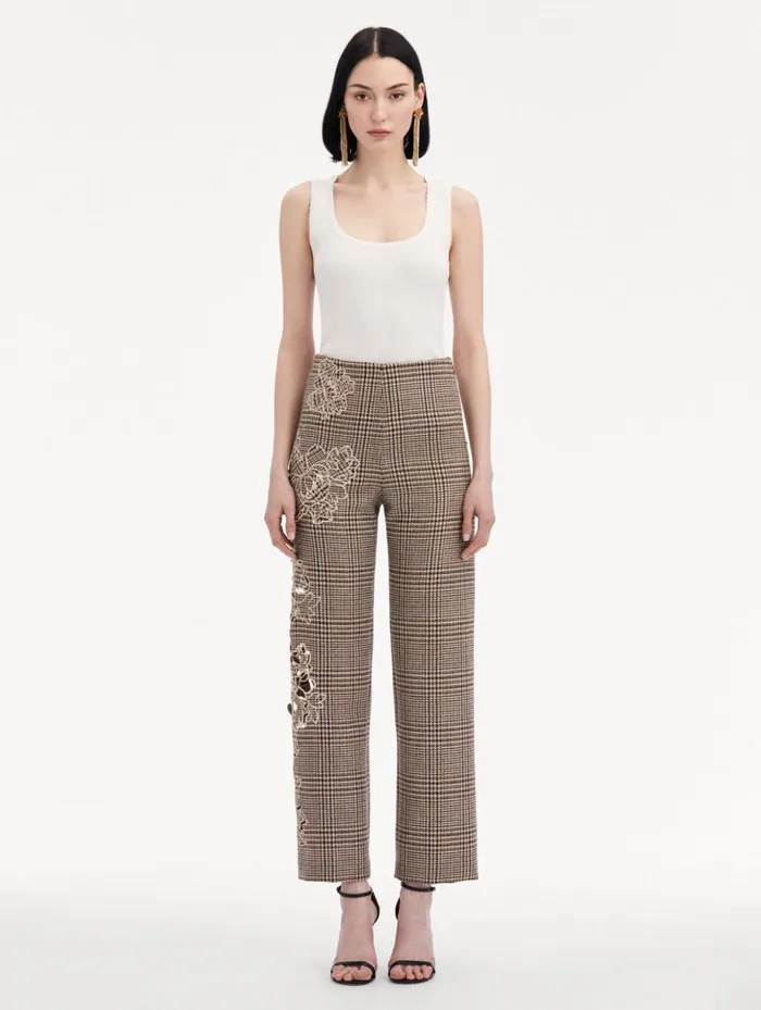 Women Pants and Skirts Oscar De La Renta Peony Guipure Appliqu Plaid Pant Cocoa Multi