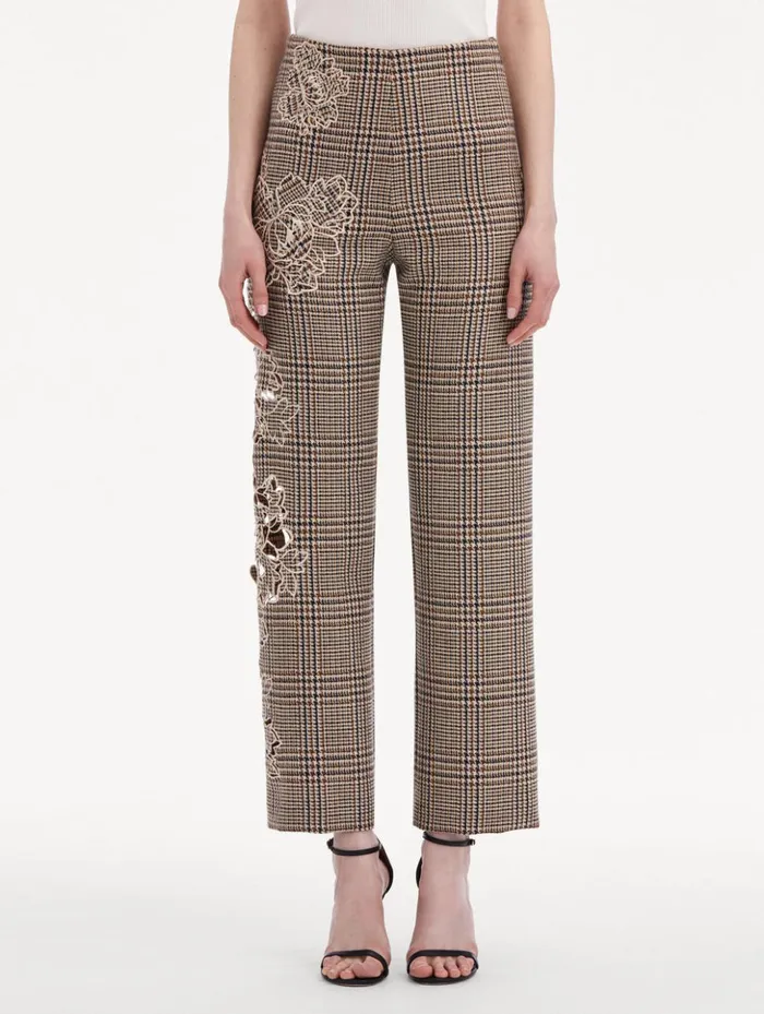 Women Pants and Skirts Oscar De La Renta Peony Guipure Appliqu Plaid Pant Cocoa Multi