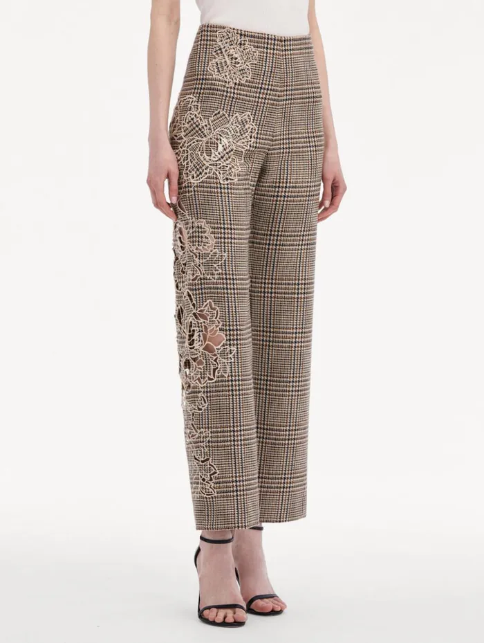 Women Pants and Skirts Oscar De La Renta Peony Guipure Appliqu Plaid Pant Cocoa Multi