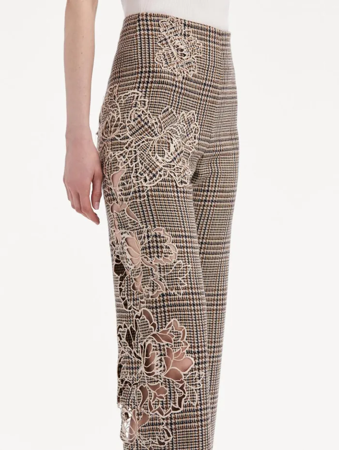 Women Pants and Skirts Oscar De La Renta Peony Guipure Appliqu Plaid Pant Cocoa Multi
