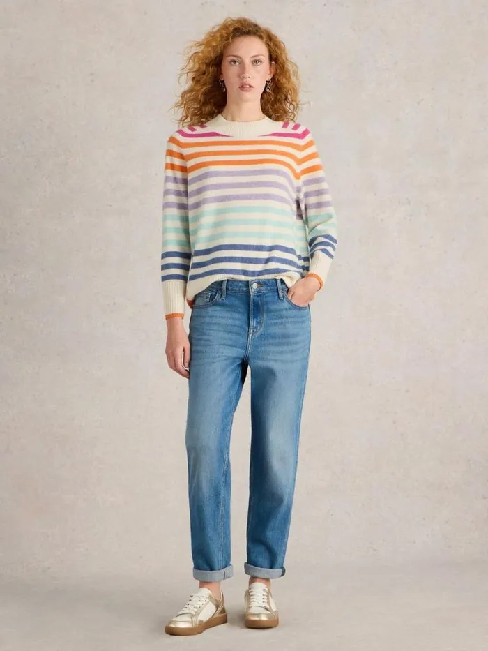 Women RAINBOW STRIPE CREW CASHMERE JUMPER Natural Multi White Stuff Knitwear