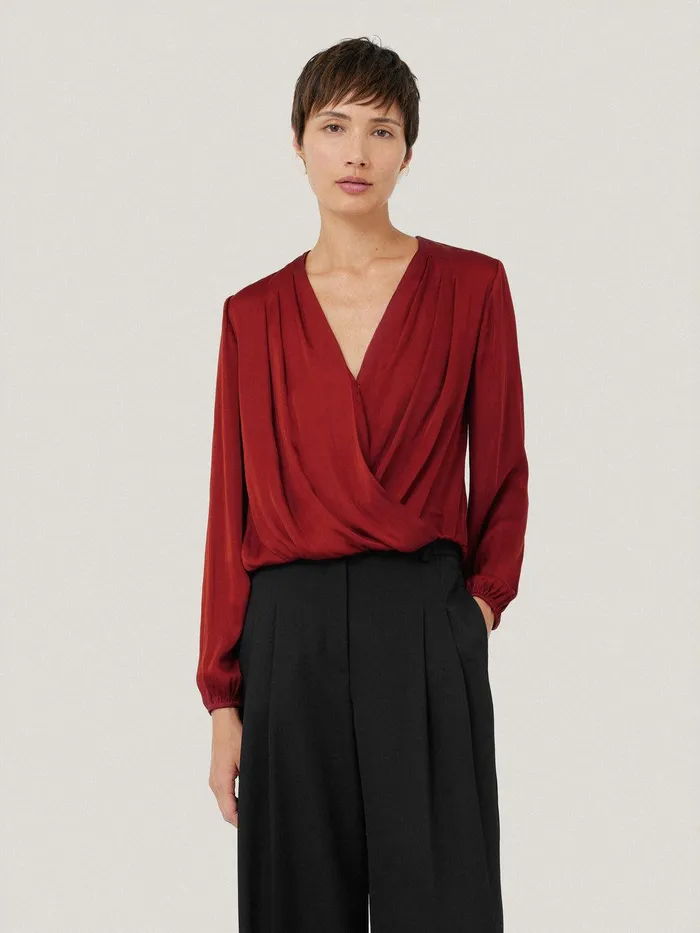 Women Recycled Satin Drape Wrap Top Red Jigsaw Shirts and Tops