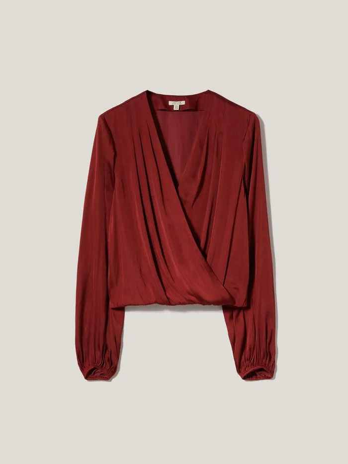 Women Recycled Satin Drape Wrap Top Red Jigsaw Shirts and Tops