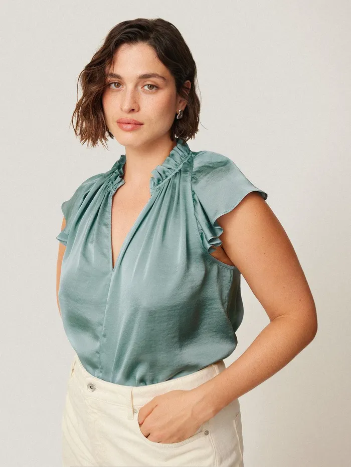 Women Recycled Satin Frill Neck Top Green Jigsaw Shirts and Tops
