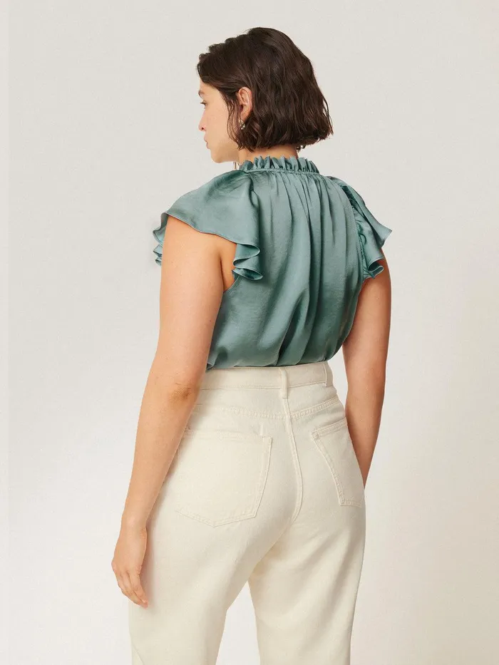 Women Recycled Satin Frill Neck Top Green Jigsaw Shirts and Tops
