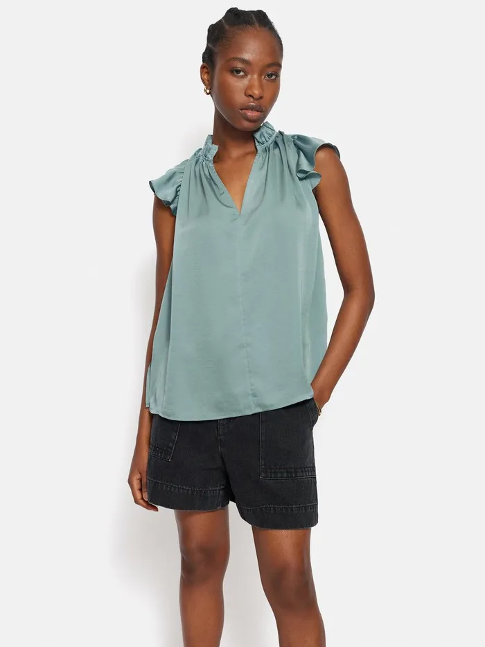 Women Recycled Satin Frill Neck Top Green Jigsaw Shirts and Tops