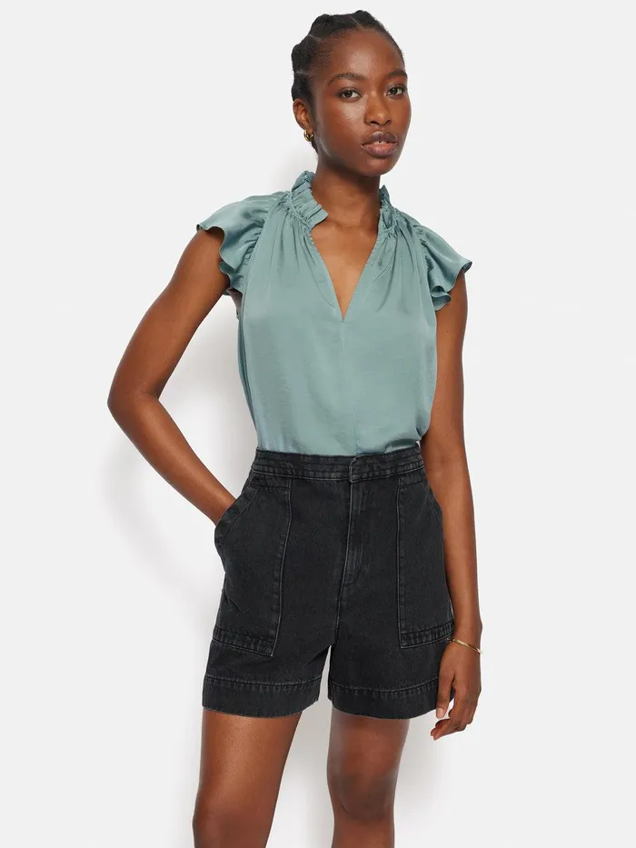 Women Recycled Satin Frill Neck Top Green Jigsaw Shirts and Tops