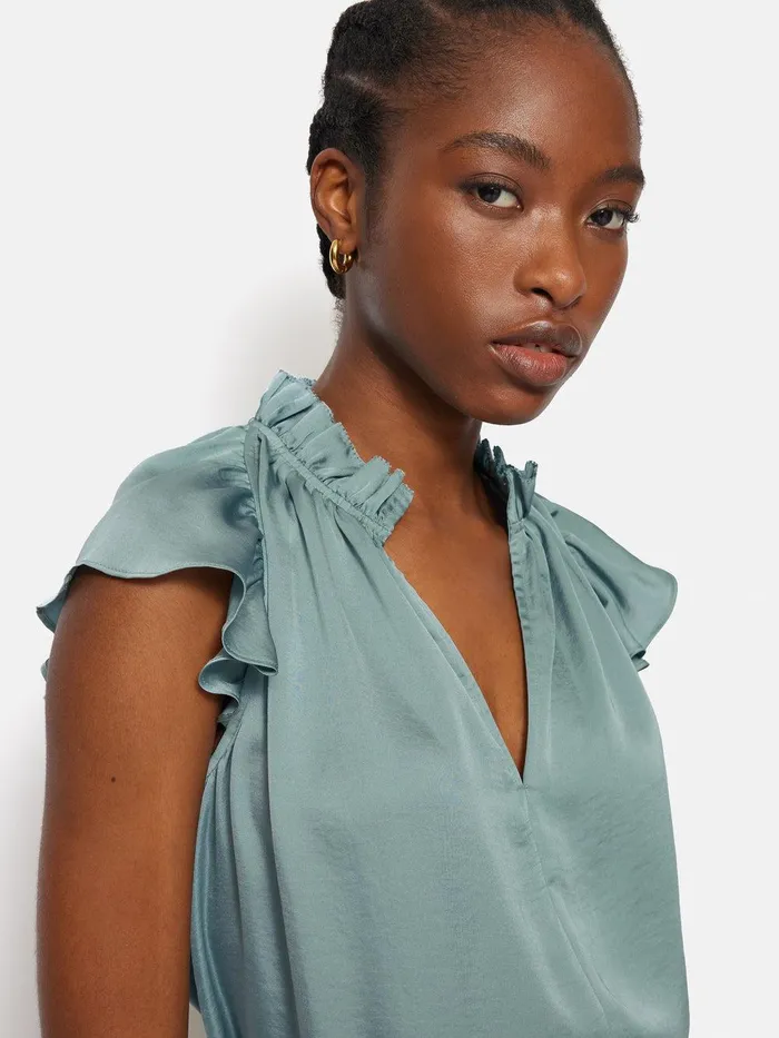 Women Recycled Satin Frill Neck Top Green Jigsaw Shirts and Tops