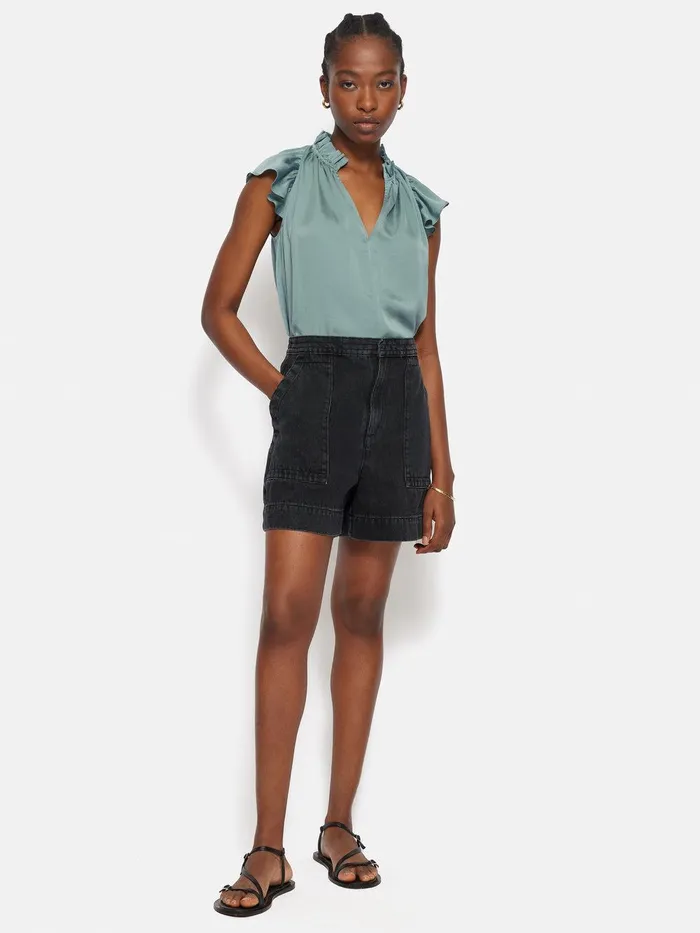 Women Recycled Satin Frill Neck Top Green Jigsaw Shirts and Tops