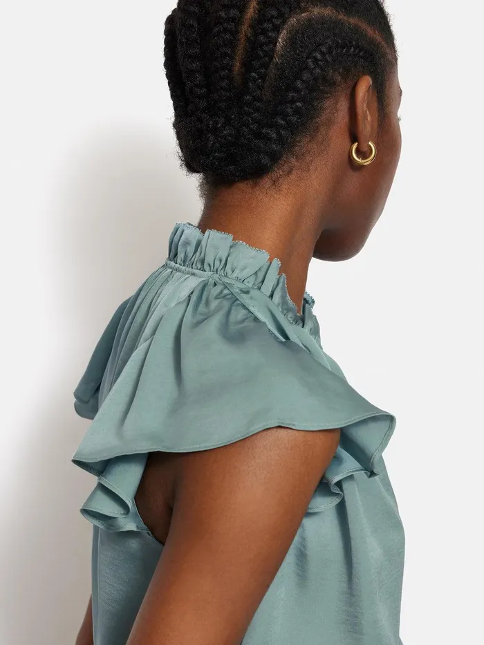 Women Recycled Satin Frill Neck Top Green Jigsaw Shirts and Tops
