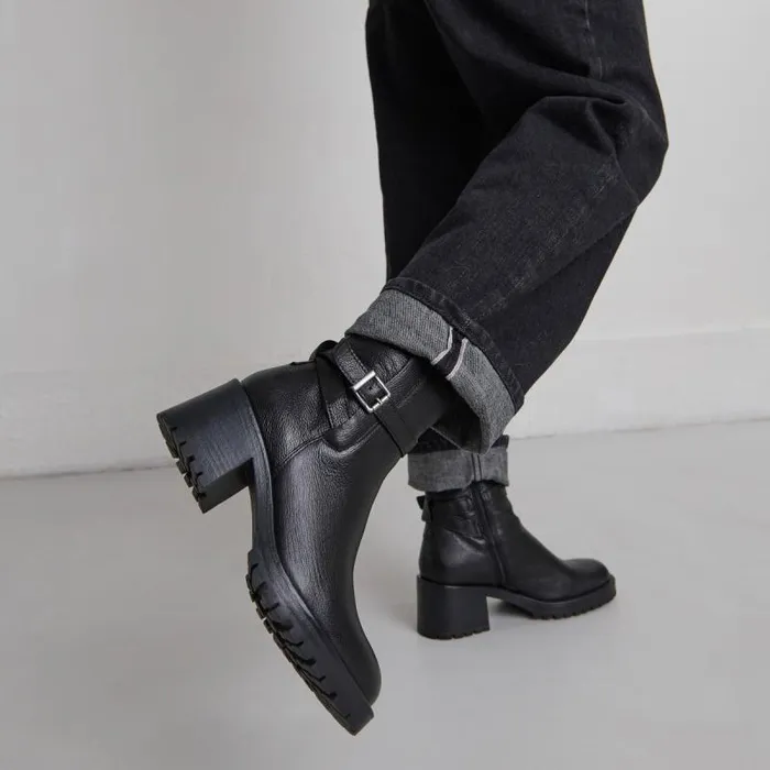 Women Roundtoe Buckle Boots Black JONAK Ankle Boots Lowboots