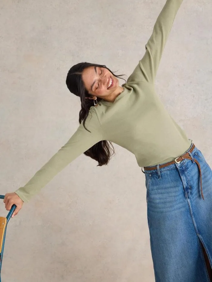 Women SADIE LONG SLEEVE RIB TEE Khaki Green White Stuff Tops and Tees