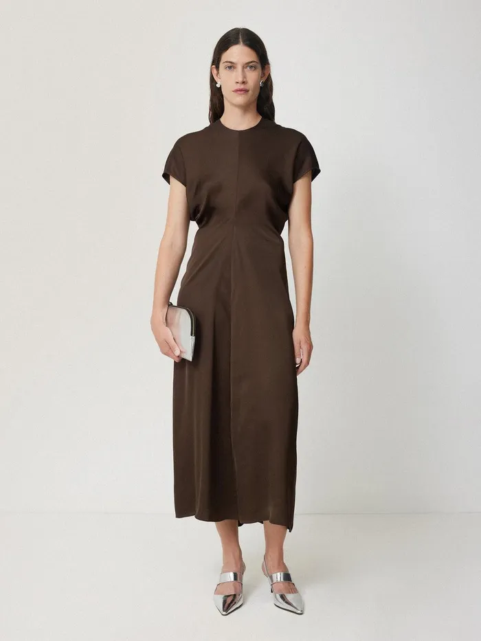 Women Satin Crepe Midi Dress Brown Jigsaw Dresses and Jumpsuits