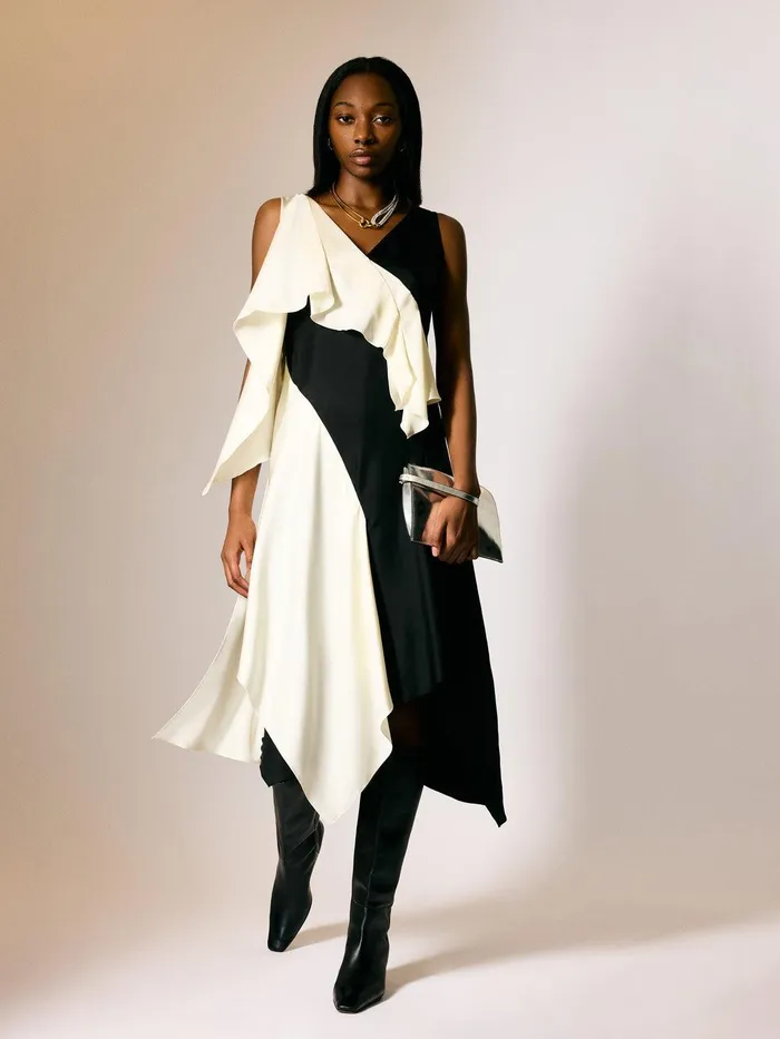 Women Sculptural Silk Twill Dress Monochrome Jigsaw Party